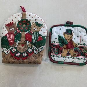 Vintage franco holiday Pair 2 kitchen potholders trivet quilted Teddy bears Cats